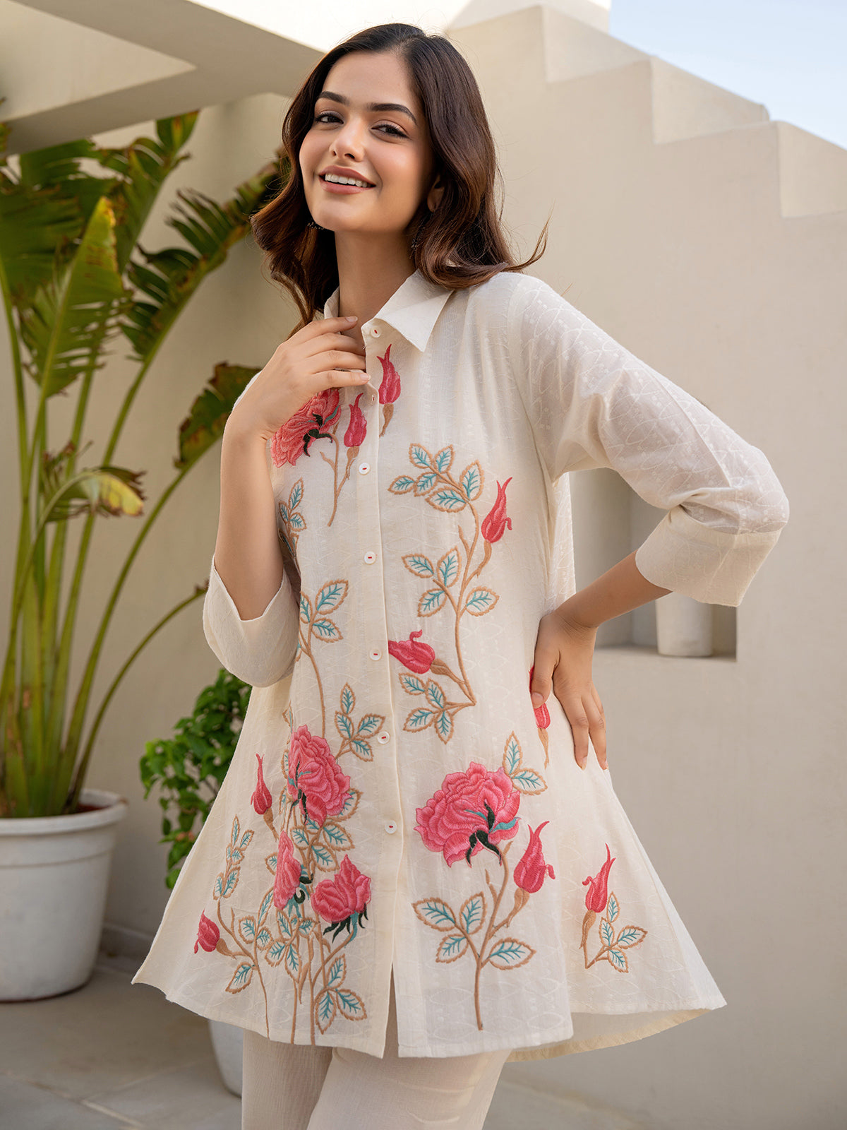 Cream and pink cotton embroidered co ord set