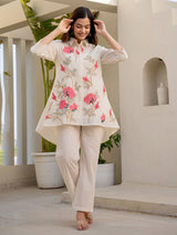 Cream and pink cotton embroidered co ord set