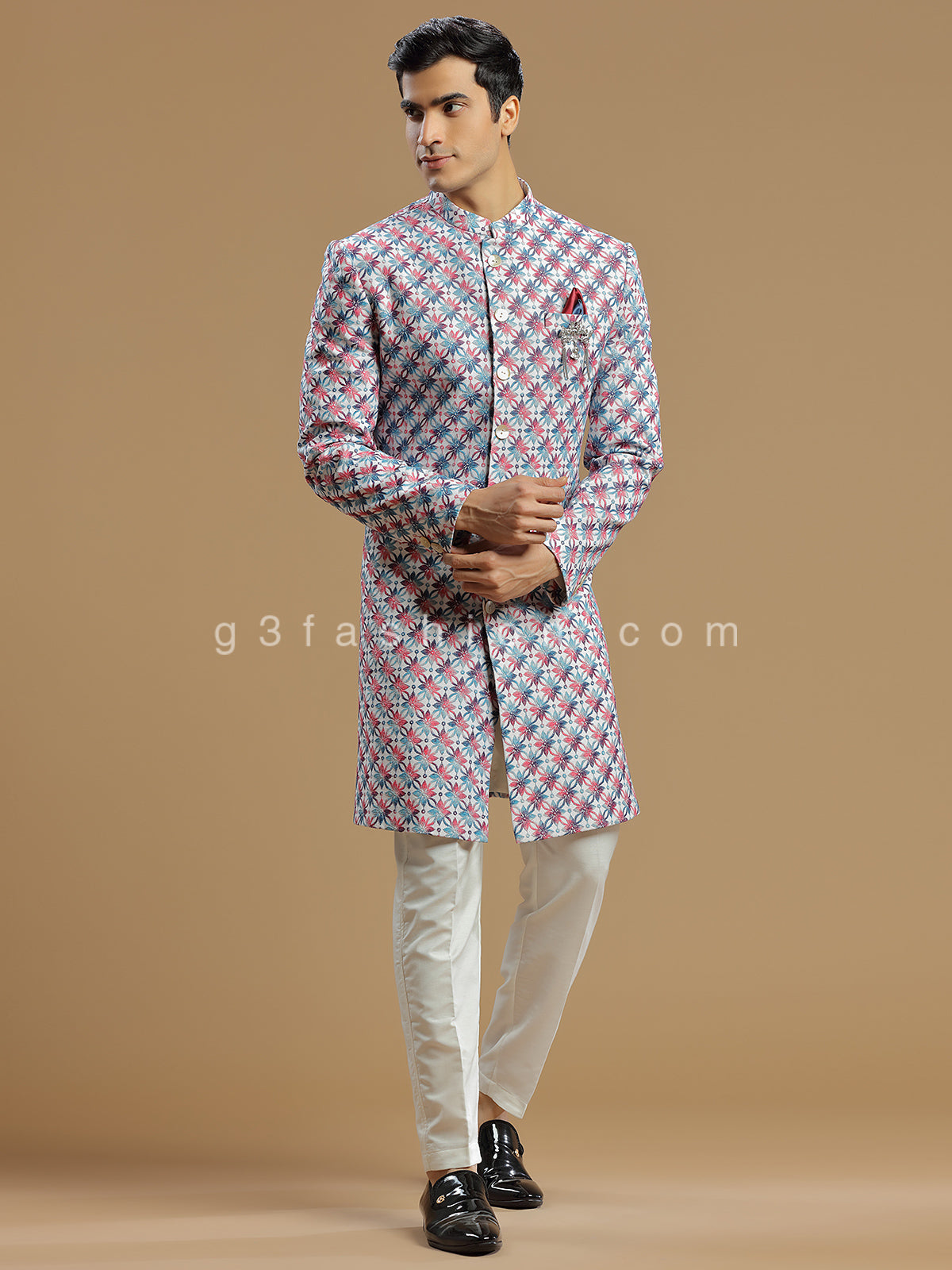 Cream and pink silk indowestern for men