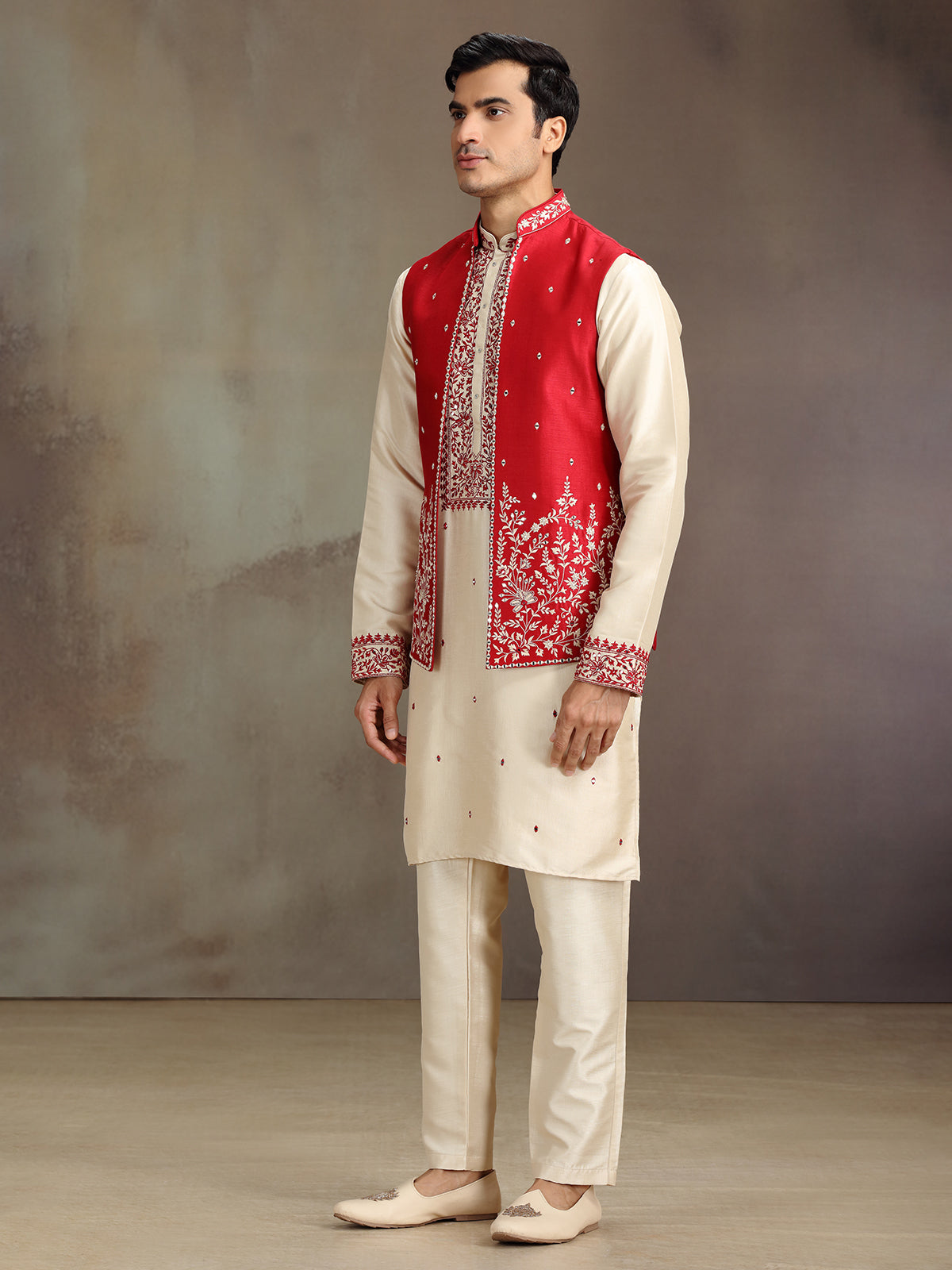 Cream and red silk mirror worked waistcoat set
