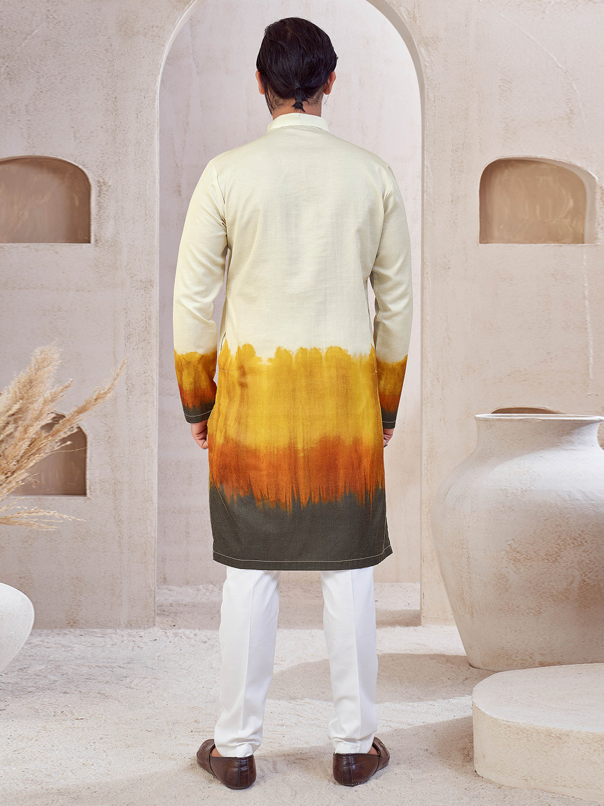 Cream and yellow cotton printed kurta suit for men