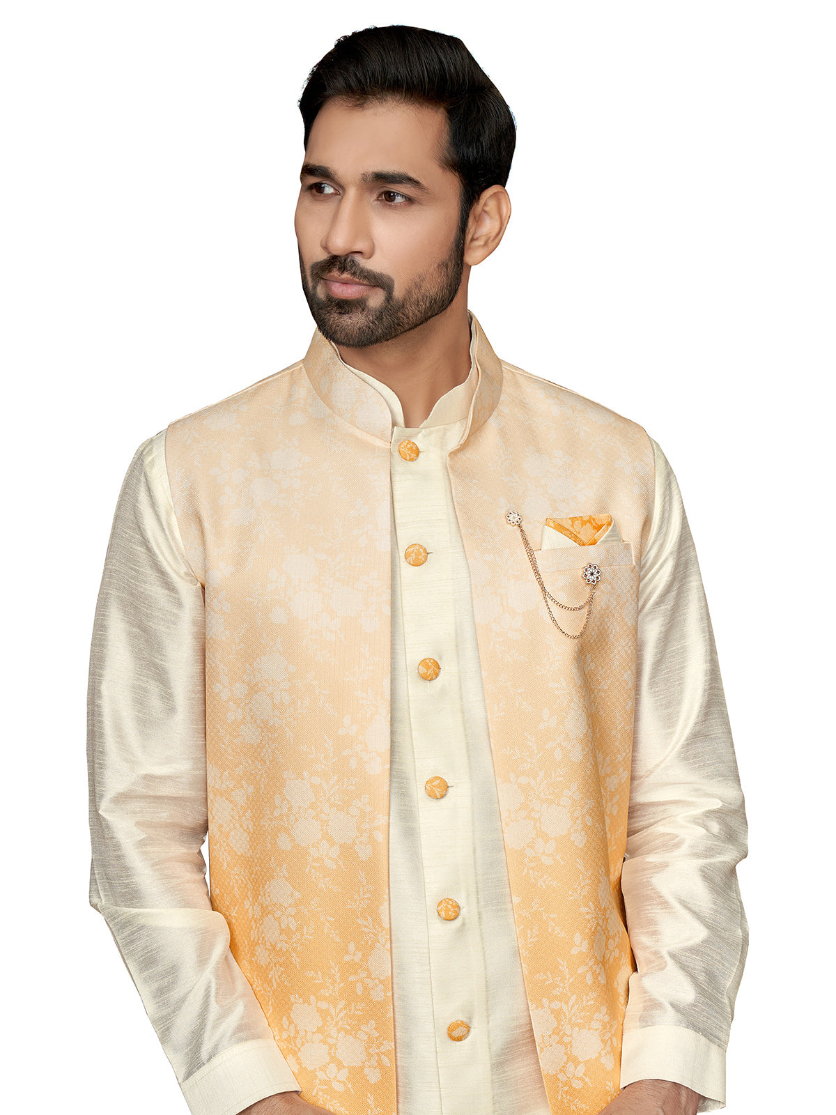 Cream and yellow wedding silk indowestern