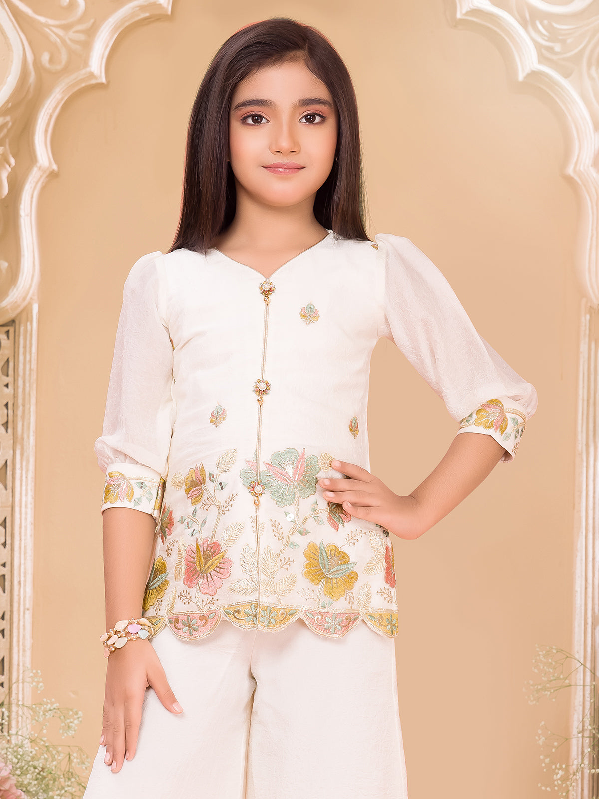 Cream chiffon embroidered palazzo suit for celebrations