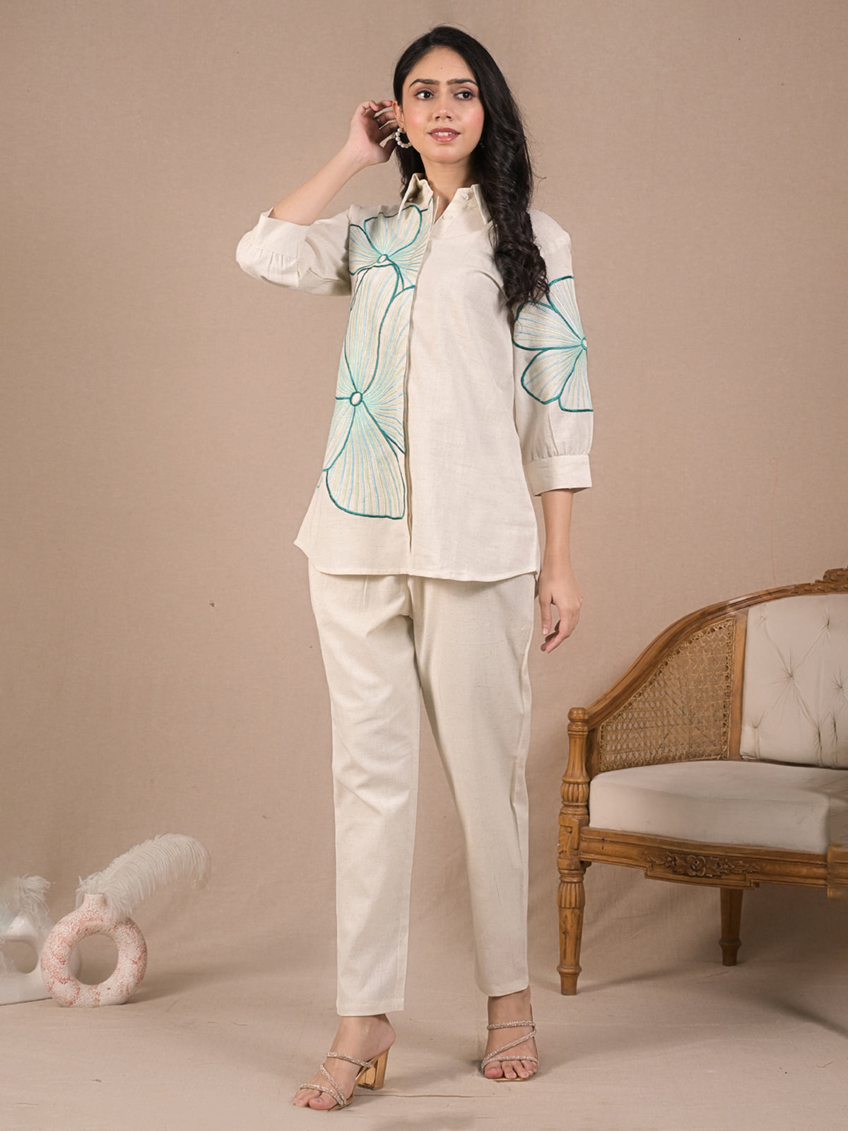 Cream cotton embroidered co ord set
