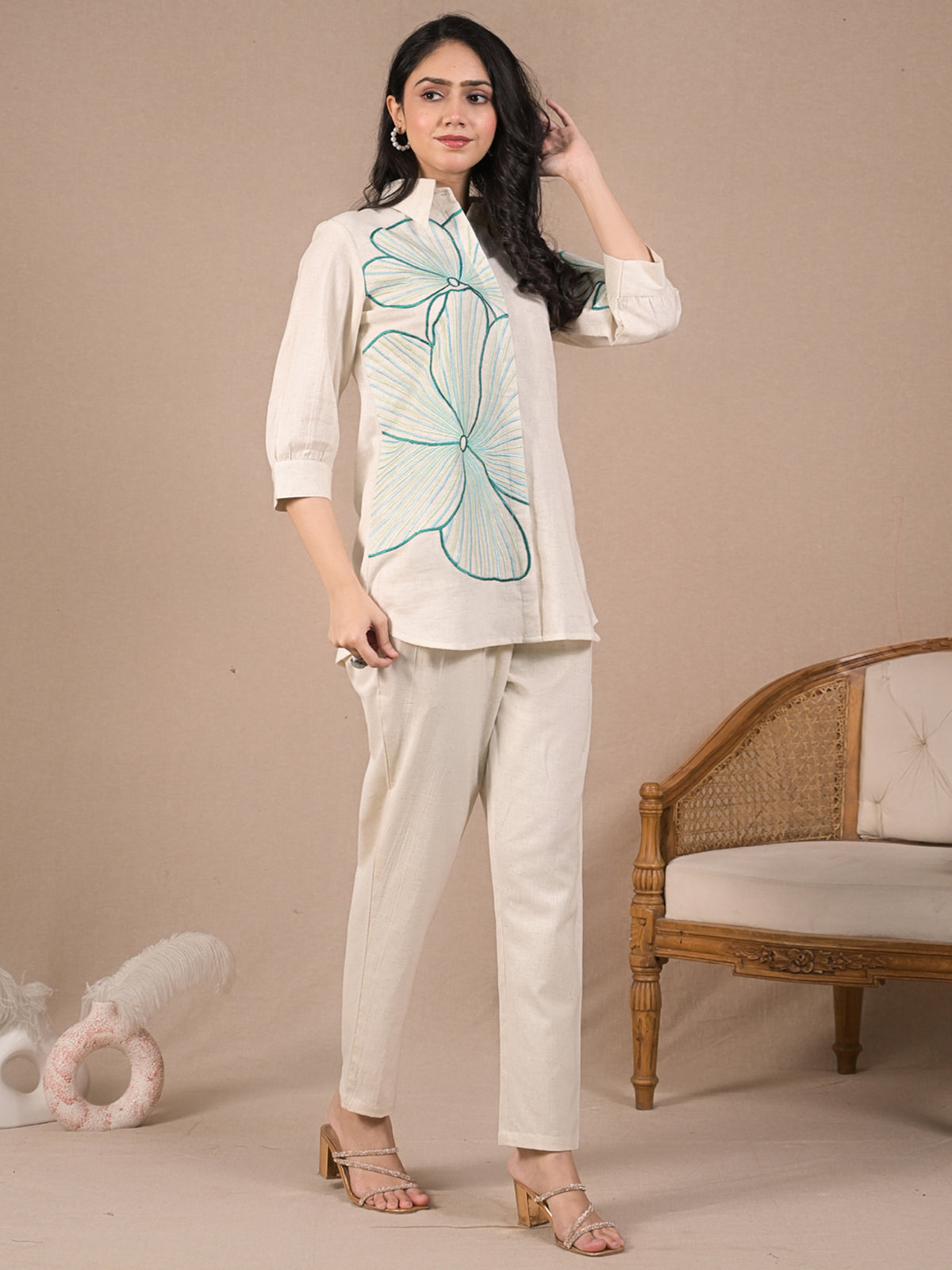Cream cotton embroidered co ord set