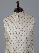 Cream cotton silk festive printed waistcoat