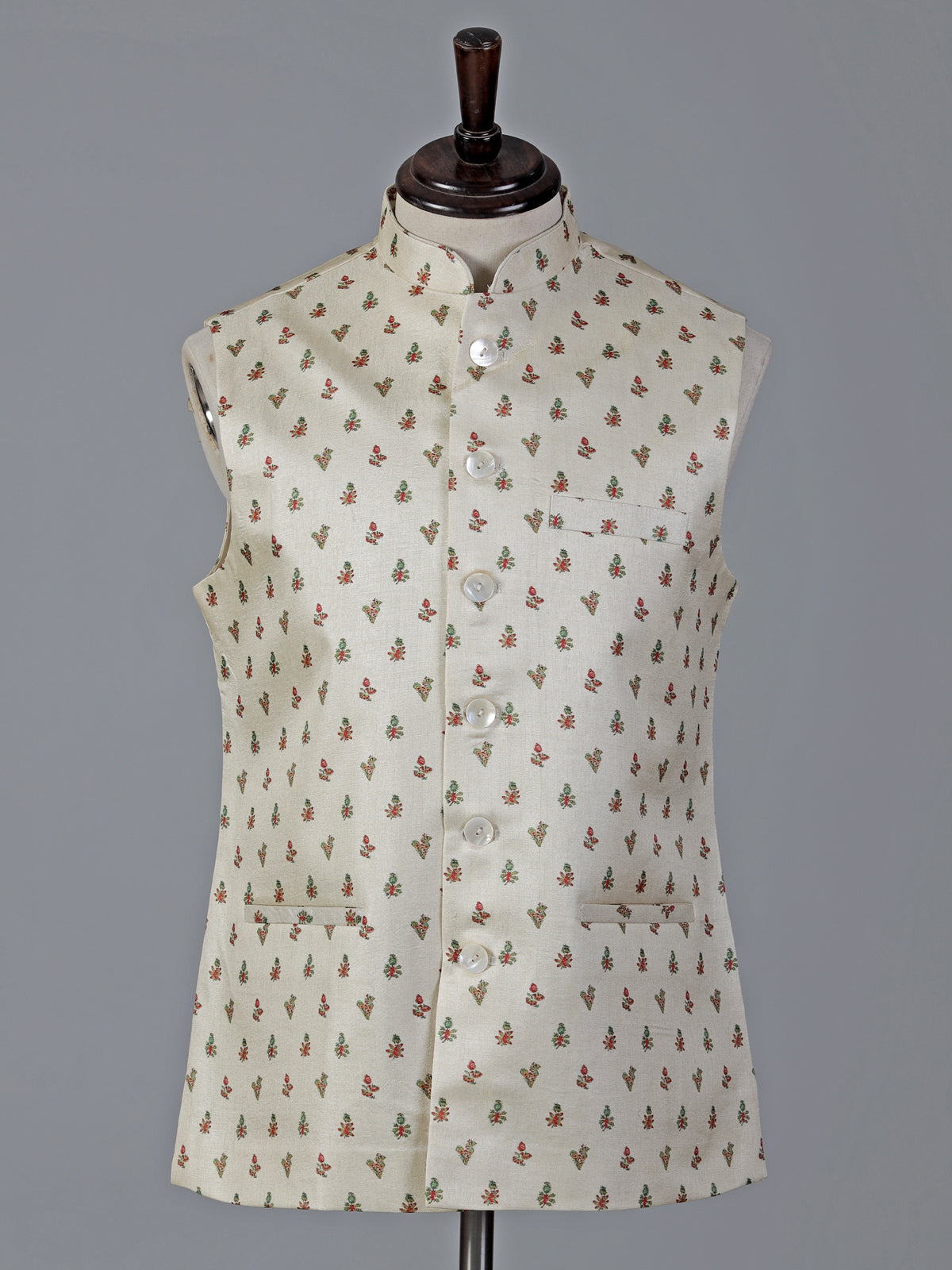 Cream cotton silk festive printed waistcoat