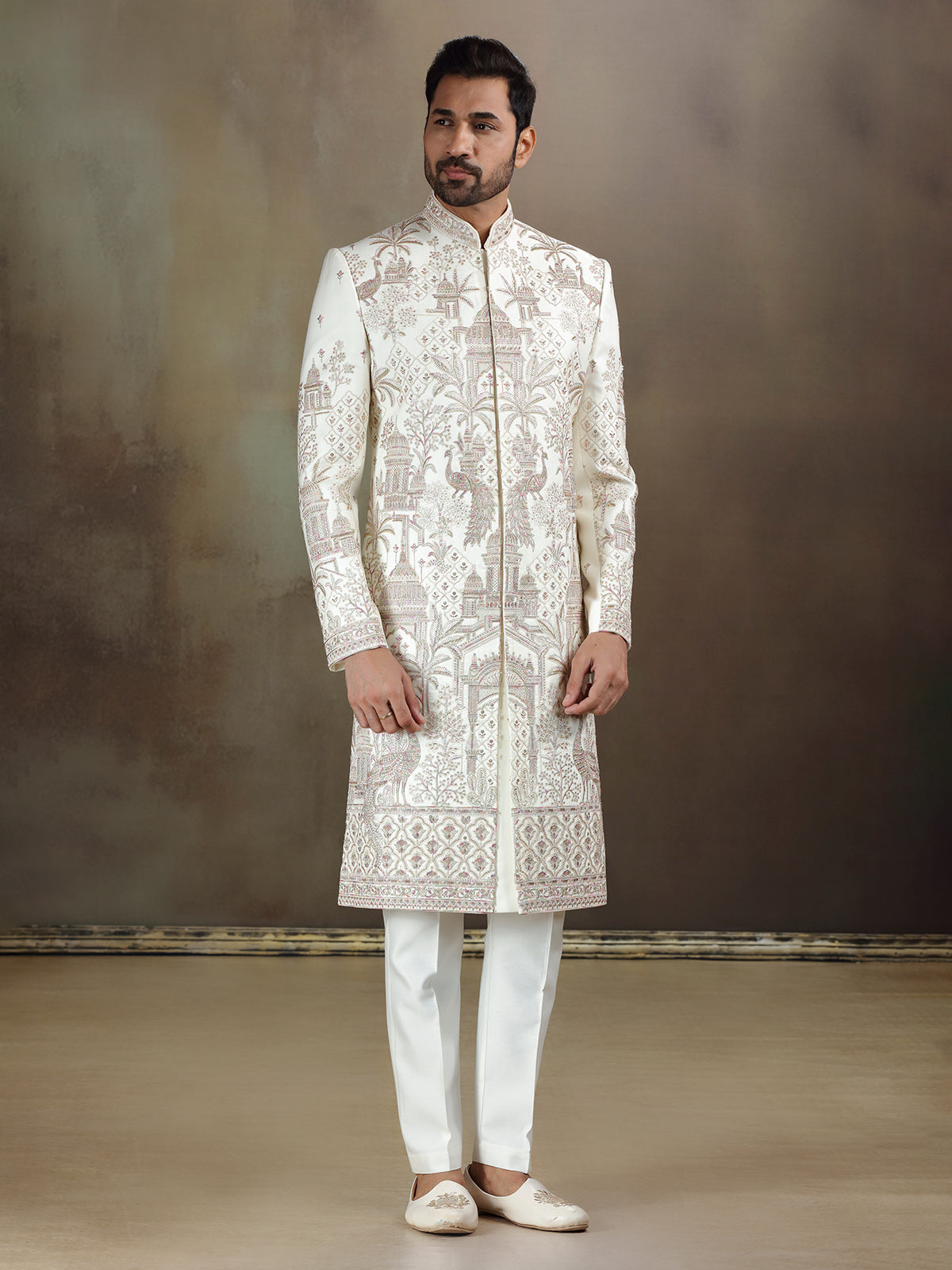 Cream crochet wedding wear sherwani for mens