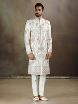 Cream crochet wedding wear sherwani for mens