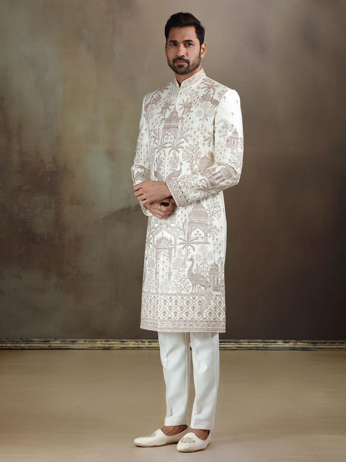 Cream crochet wedding wear sherwani for mens