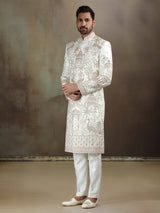 Cream crochet wedding wear sherwani for mens