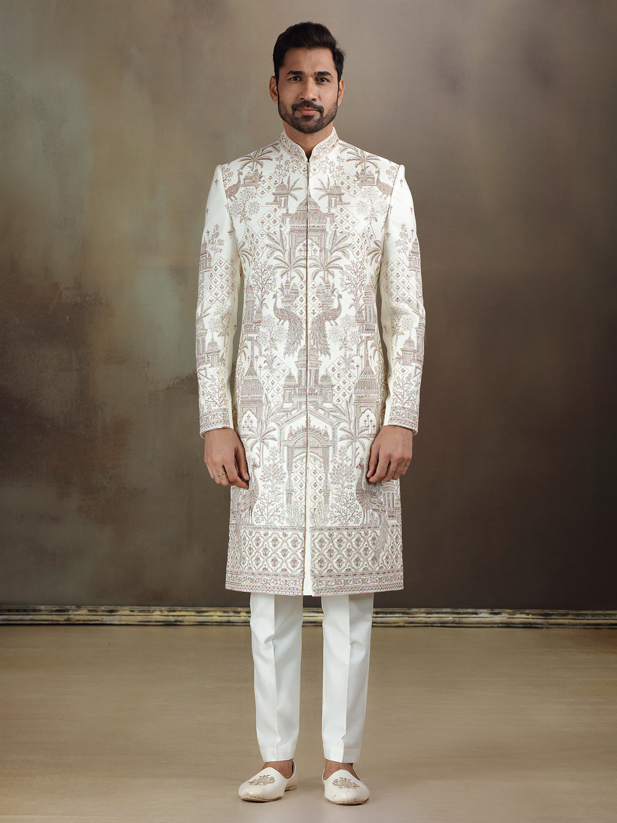 Cream crochet wedding wear sherwani for mens