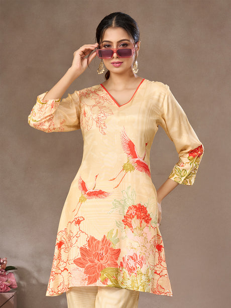Cream floral printed crepe silk co-ord set