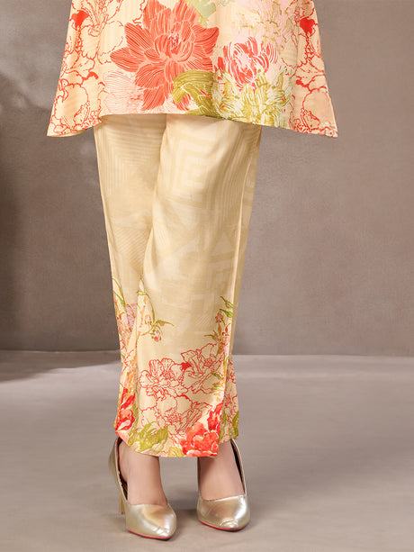 Cream floral printed crepe silk co-ord set