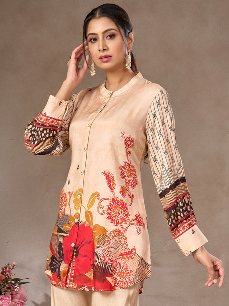 Cream floral printed crepe silk co-ord set for women