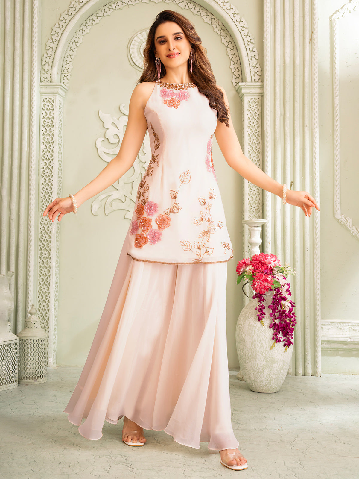 Cream georgette palazzo set with thread and sequins for women