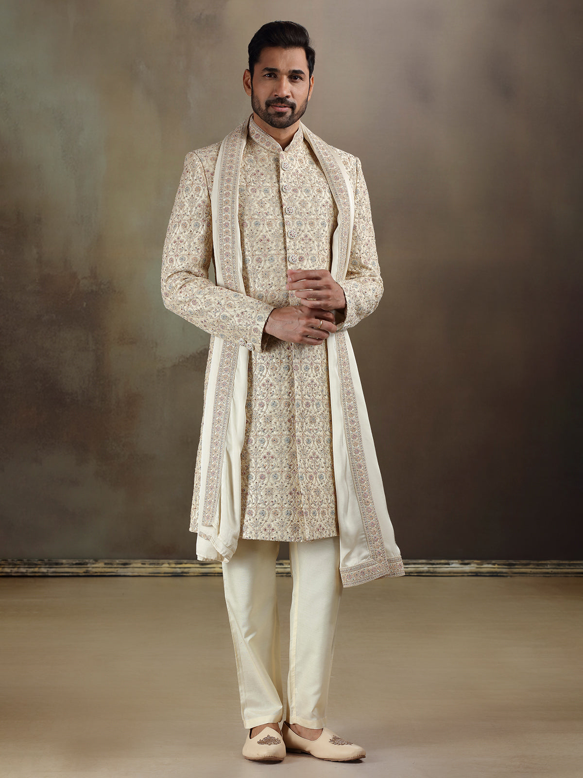 Cream gold silk sherwani with dupatta for mens