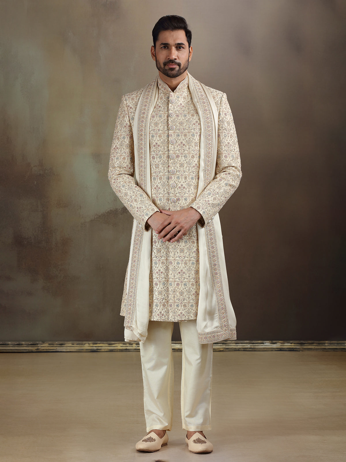 Cream gold silk sherwani with dupatta for mens