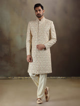 Cream gold silk sherwani with dupatta for mens