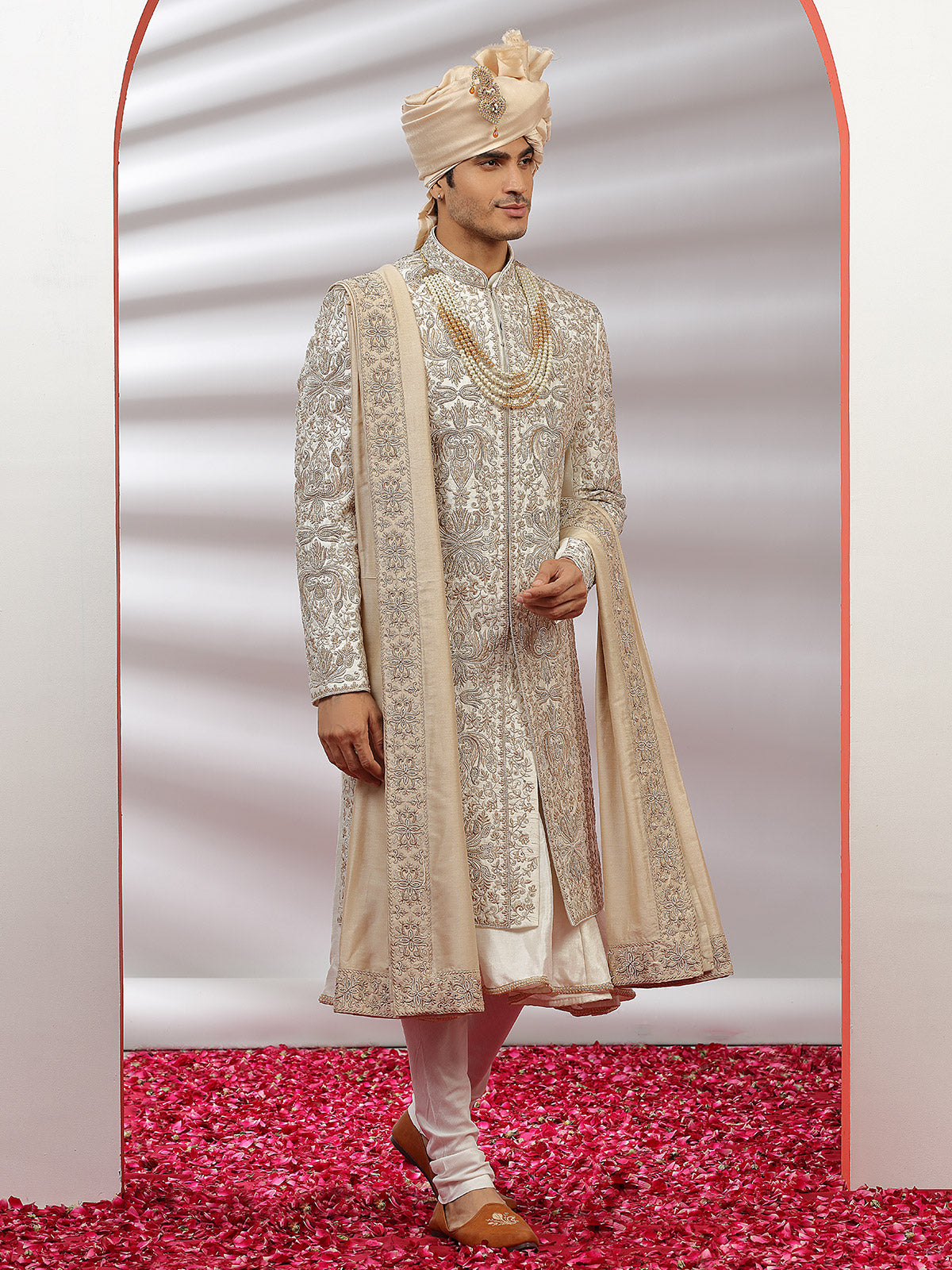 Cream groom wear sherwani in raw silk