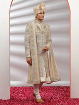 Cream groom wear sherwani in raw silk