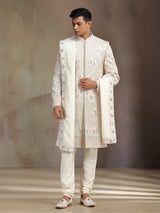 Cream khadi silk sherwani with dupatta