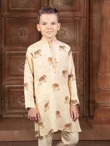 Cream linen printed kurta suit for boys