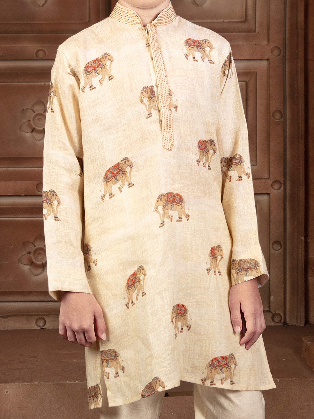 Cream linen printed kurta suit for boys