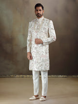 Cream linen satin wedding wear sherwani with dupatta