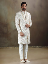 Cream linen satin wedding wear sherwani with dupatta