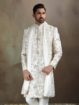 Cream linen satin wedding wear sherwani with dupatta