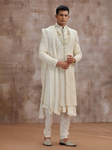 Cream lucknowi georgette peshwai sherwani with dupatta