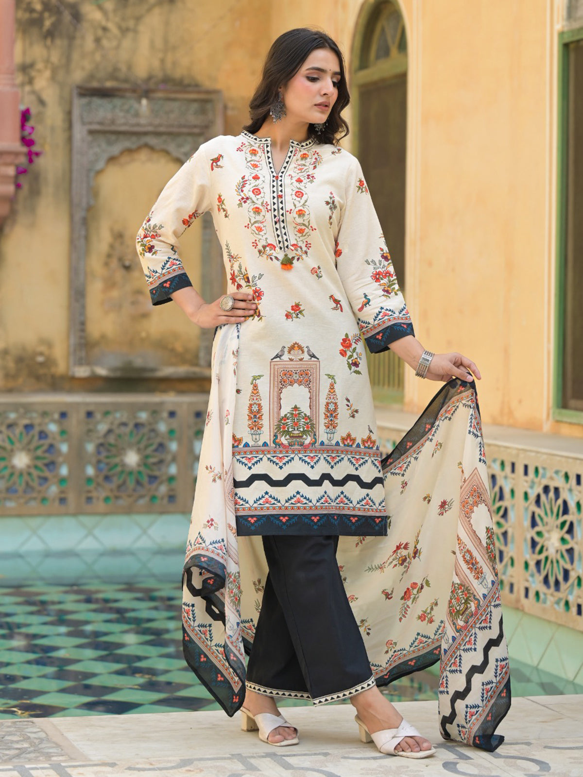 Cream peach silk printed kurti set