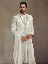 Cream peshwai silk sherwani with dupatta