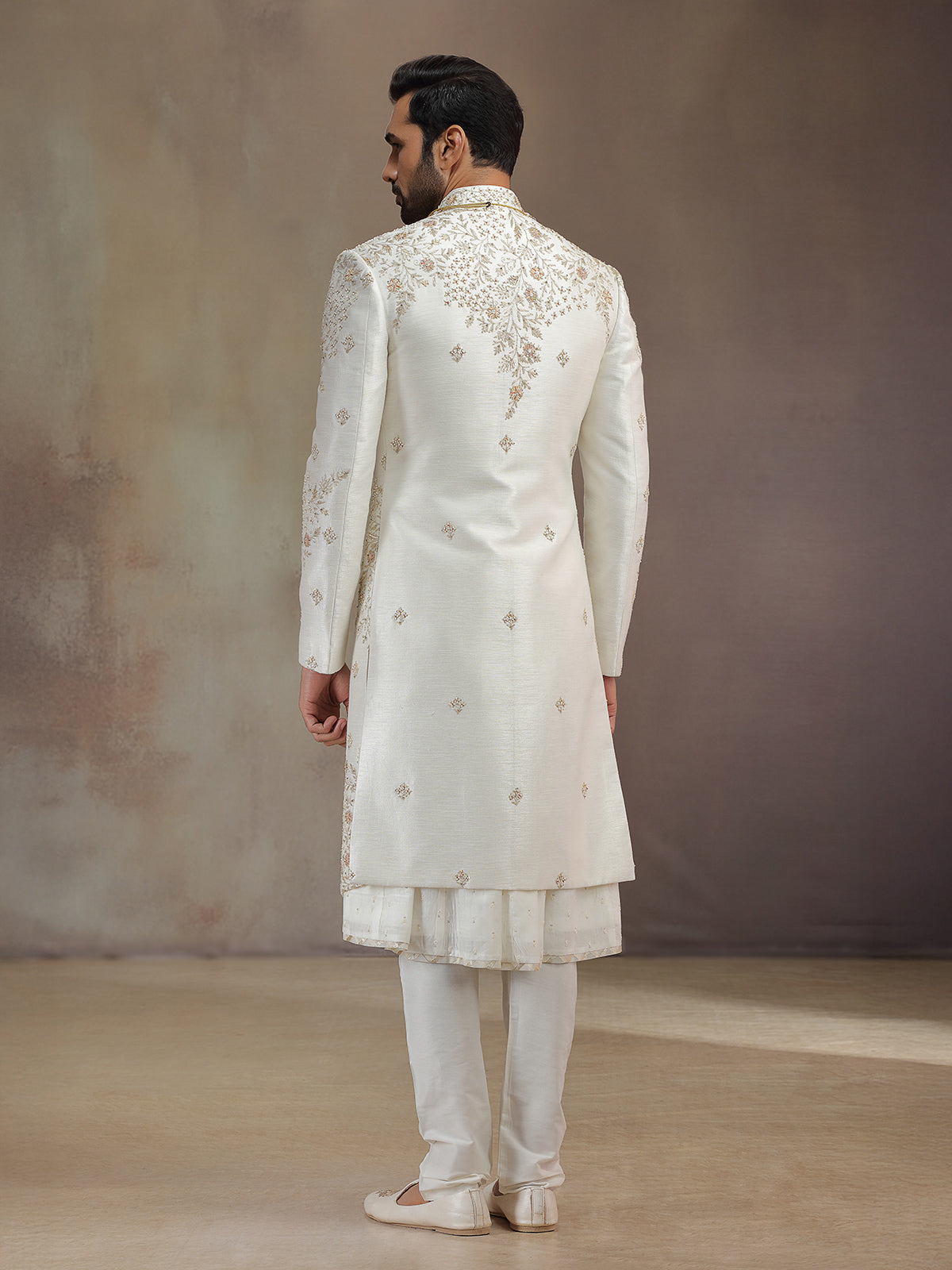 Cream peshwai silk sherwani with dupatta