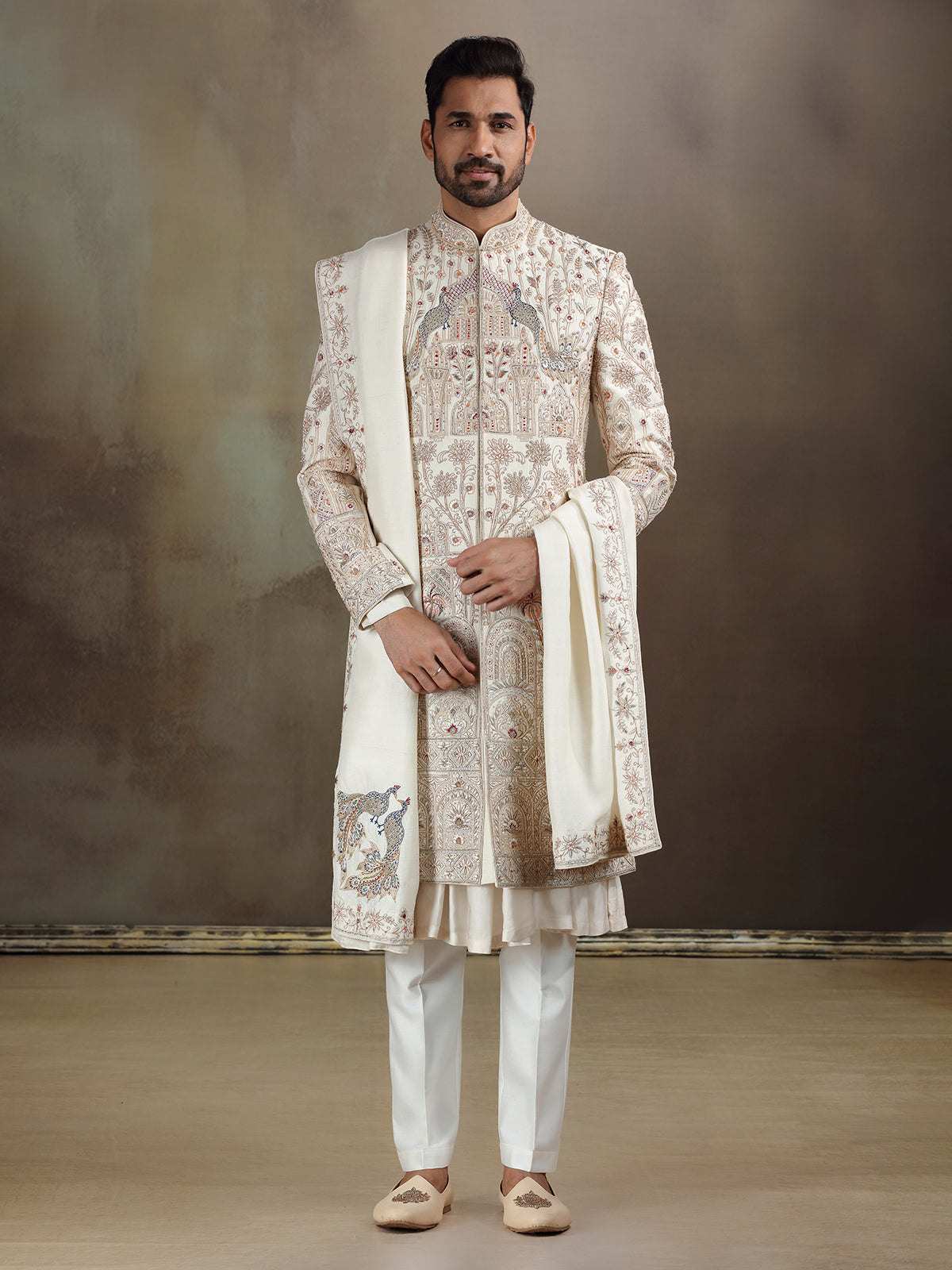 Cream peshwai style silk sherwani with dupatta