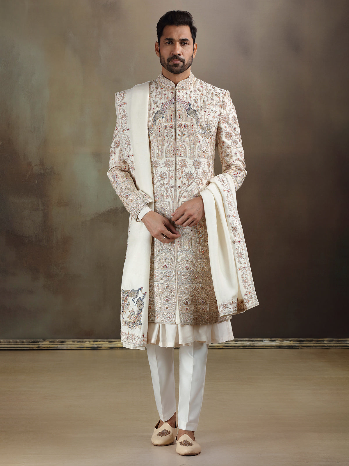 Cream peshwai style silk sherwani with dupatta