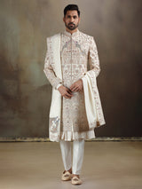 Cream peshwai style silk sherwani with dupatta