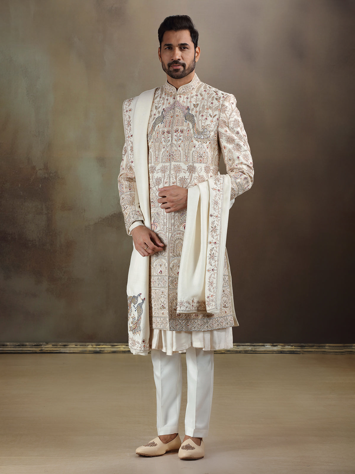 Cream peshwai style silk sherwani with dupatta