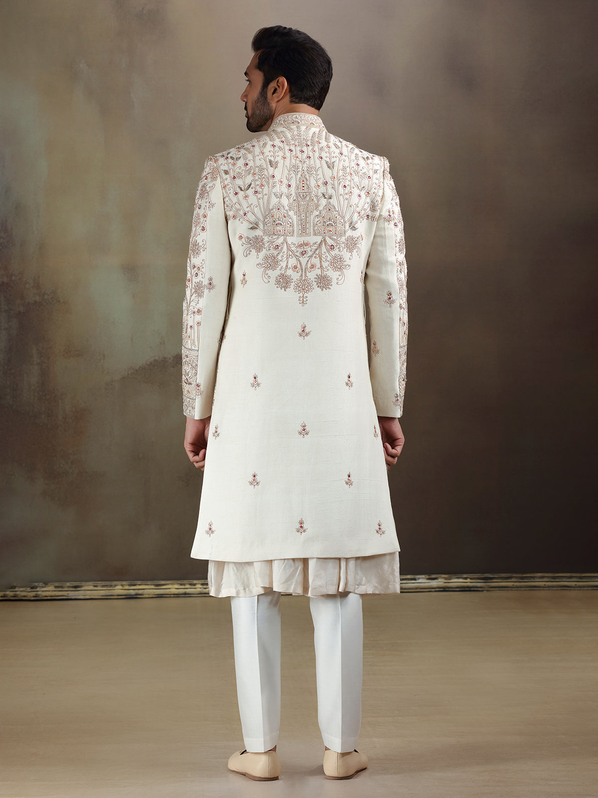 Cream peshwai style silk sherwani with dupatta