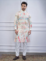 Cream printed cotton kurta pajama