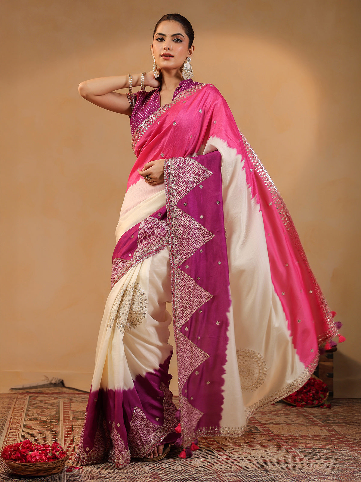 Cream printed silk saree with aabla accents