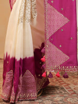 Cream printed silk saree with aabla accents