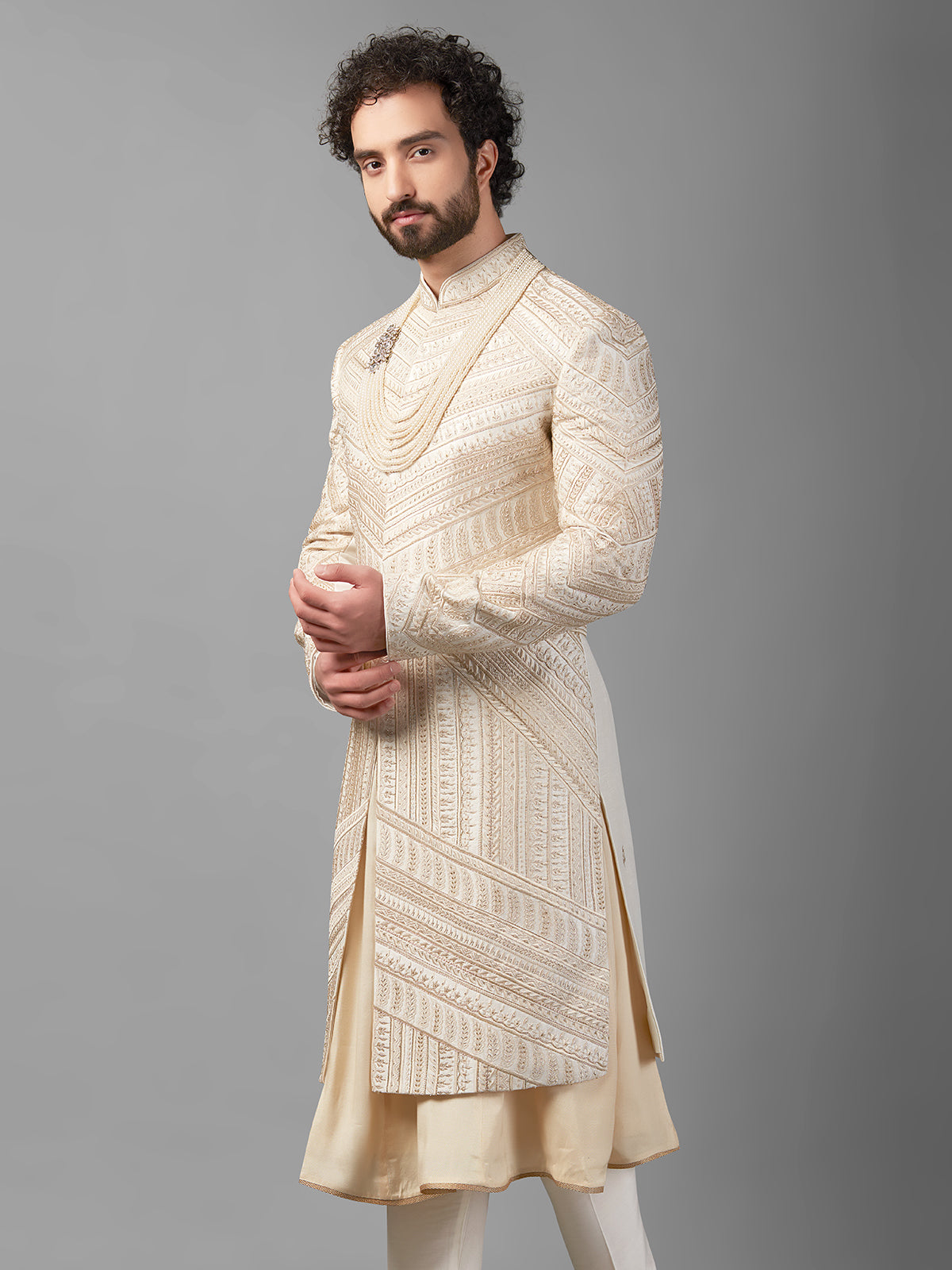 Cream raw silk peshwai style sherwani