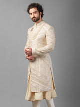Cream raw silk peshwai style sherwani