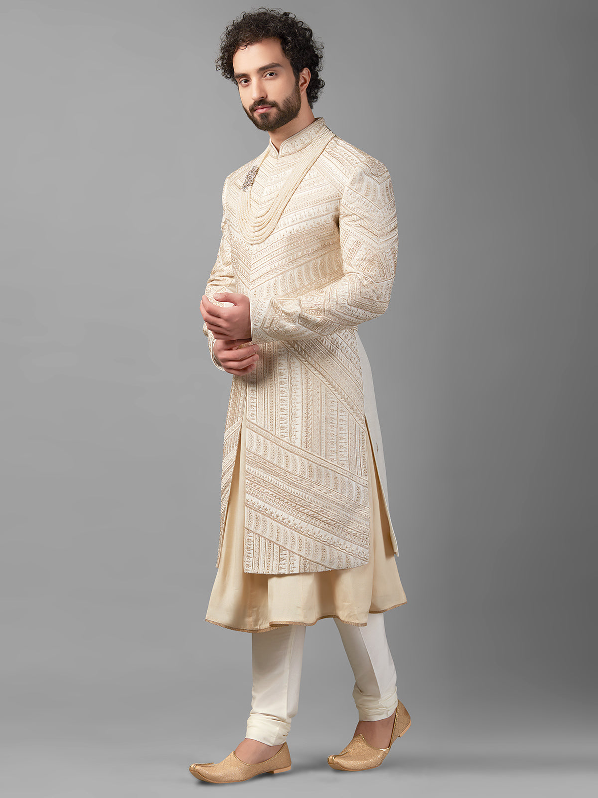 Cream raw silk peshwai style sherwani