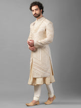 Cream raw silk peshwai style sherwani
