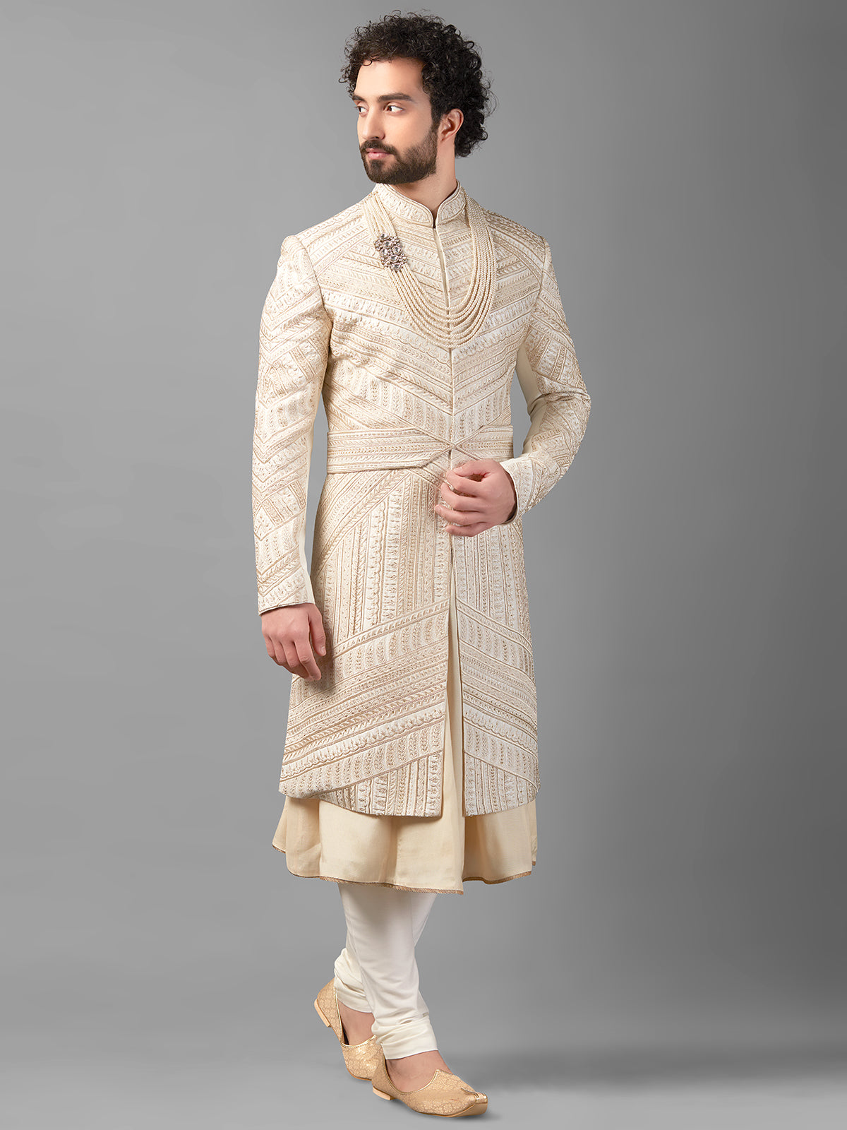 Cream raw silk peshwai style sherwani