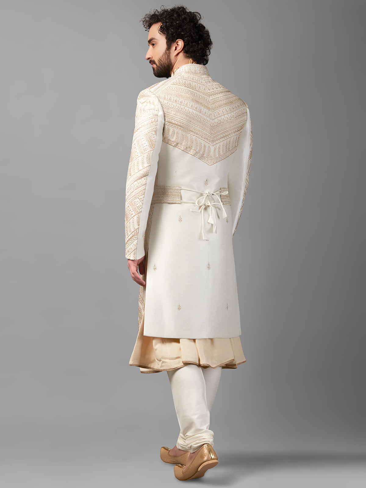 Cream raw silk peshwai style sherwani