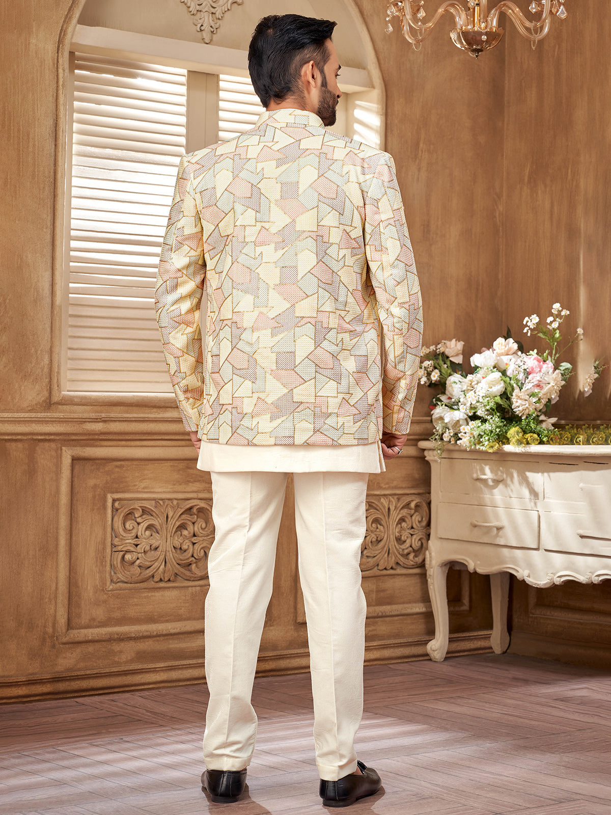Cream raw silk textured indowestern jacket for a regal touch